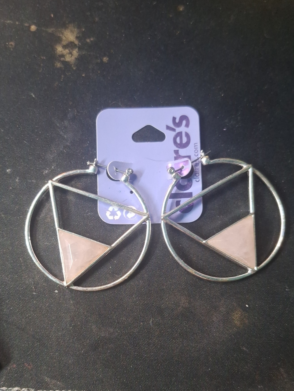 Geometric Triangle Silver Hoop Earrings with Pink Inlays